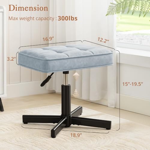 Image of LUE BONA Adjustable Vanity Stool, 15''-19.5'' Foot Rest Under Desk, 360 Swivel Vanity Chair for Makeup Room, Blue Upholstered Faux Leather Ottoman for Bathroom & Living Room, 300lbs