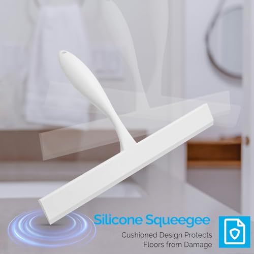 Image of FY&XZH Never Rust Silicone Shower Squeegee for Glass Doors with Hook, Bathroom Cleaner Tool, Household Window and Mirror Squeegee, Ergonomic Thick Handle Squeegee for Shower Glass, 11-Inch (White)