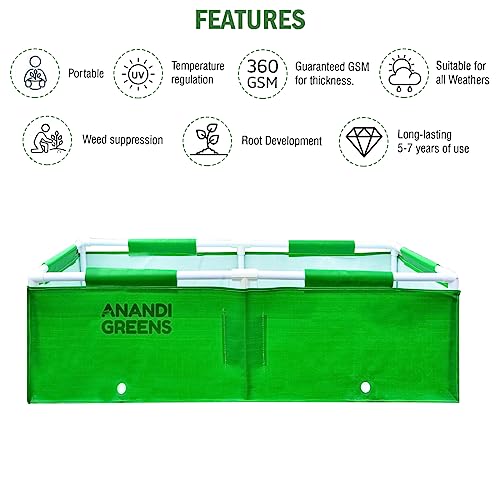 Image of Anandi Green's HDPE UV Protected 360 GSM Green Color Rectangular Plants Grow Bags Suitable for VegetableTerrace Gardening with PVC Pipe Support (4Lx1.5Wx1H Fit) Pack of 1
