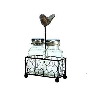 Chicken Wire Metal Bird Salt Pepper Holder Set Black Brown