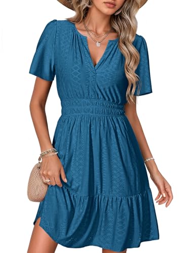 Image of Simplee Womens 2026 Summer Mini Dress Eyelet Short Sleeve Cocktail Short Dresses Cute A Line Sun Dress with Pockets