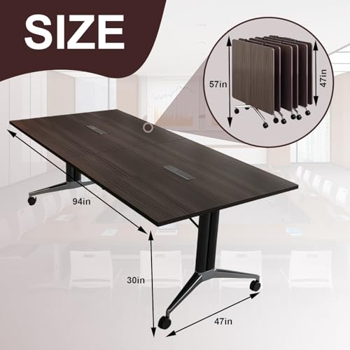 Modern Foldable Retractable Large Conference Table for 8-10 People, Wooden Meeting Table, Designed with Built-in Cable Holes and Foot Brake Pulley for Office Conference Room