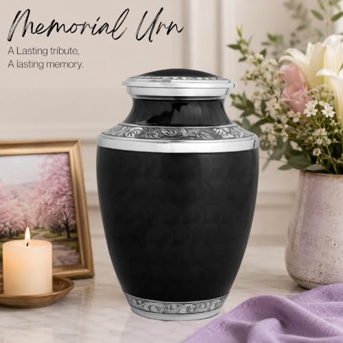 Image of Alpha Living Home Urns for Human Ashes Adult Female and Male 200+ Cubic Inches, Decorative Burial Urn, Funeral Cremation Urns for Women and Men, Handcrafted Urn for Ashes Adult 10 inch Black Silver