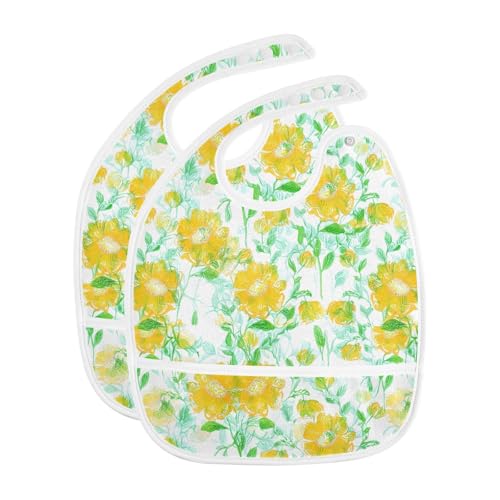 MCHIVER Yellow Flower Leaves Baby Bibs for Boy Girl Toddler Waterproof Feeding Bib Apron with Food Cather Adjustable Cotton Food Eating Bib 2 Pack