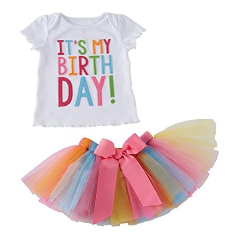 puseky Toddler Baby Girls It's My Birthday T-Shirt+Rainbow Mesh Tutu Skirt Outfit Set Cover