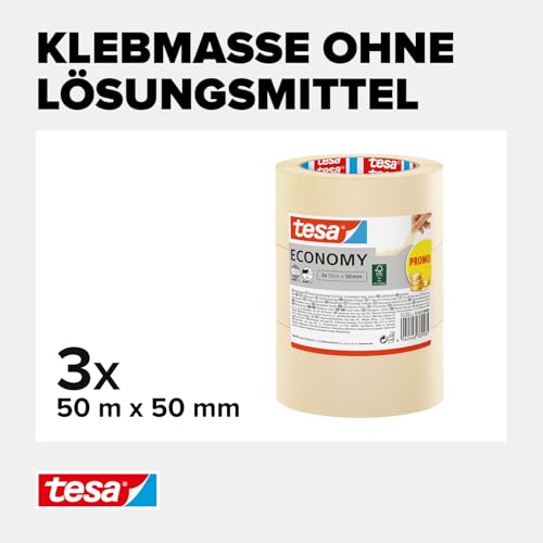 tesa Malerband ECONOMY - Vielseitiges Klebeband für Malerarbeiten ohne Lösungsmittel - Bis zu 4 Tage nach Gebrauch rückstandslos entfernbar, 3x 50 m x 50 mm