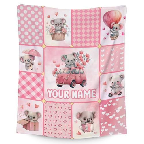 Personalized Koala Blanket Gifts with Name - 60"x80" Cute Throw for Women, Girls - Pink Soft Fuzzy Blankets for Bed, Couch & Living Room