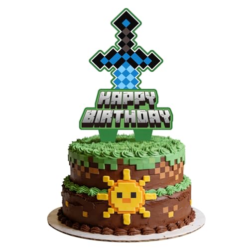 Birthday Cake Topper Pixel Cake Decoration Sign Video Game Themed Party Decoration for Boys & Girls Pixel Sword and Block Design