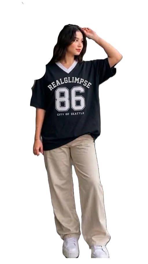 Image of Women Oversized V Neck T-Shirt | Number Graphic Printed Casual Tee | Cotton Blend Y2K Street Fashion Top