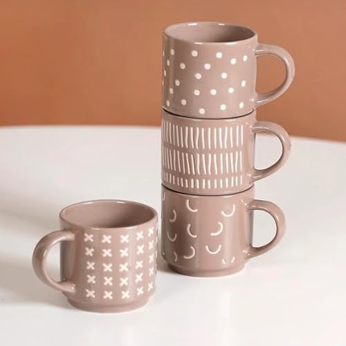 Nestasia Stackable Ceramic Cups Set of 4 (220 ml) | Microwave & Dishwasher Safe Tea & Coffee Mugs with Glossy Finish | Ideal for Gifting (Beige)