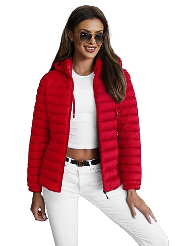 OZONEE Damen Übergangsjacke Regenjacke Jacke Übergang Jacken Herbst Bomberjacke Stehkragen Kapuze Steppjacke Kapuzenjacke Leichte Outdoor Puffer Jacket Gepolstert 777/4975K/270 ROT M