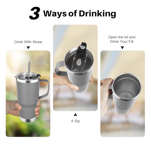 Image of 20 oz Tumbler with Handle, Stainless Steel Insulated Tumbler with Lid and Straw, Double Wall Vacuum Coffee Mug Tumbler, Insulated Coffee Thermal Cup for Cold and Hot (Grey, 20 Ounces)