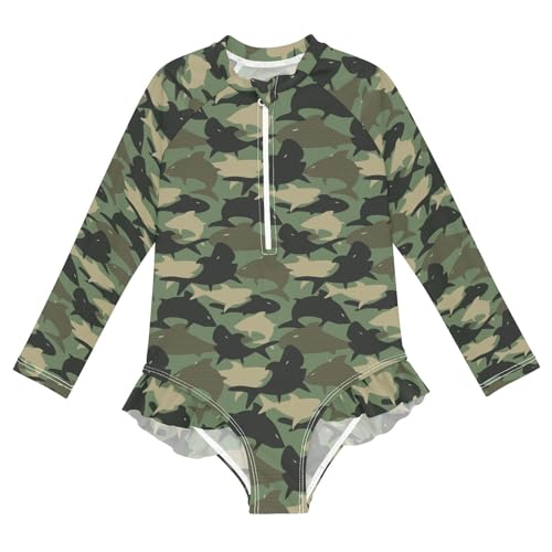 Girls Swimsuits Long Sleeve Bathing Suits Camouflage Shark UPF 50+ Sun Protection Swimwear 3-12 Years