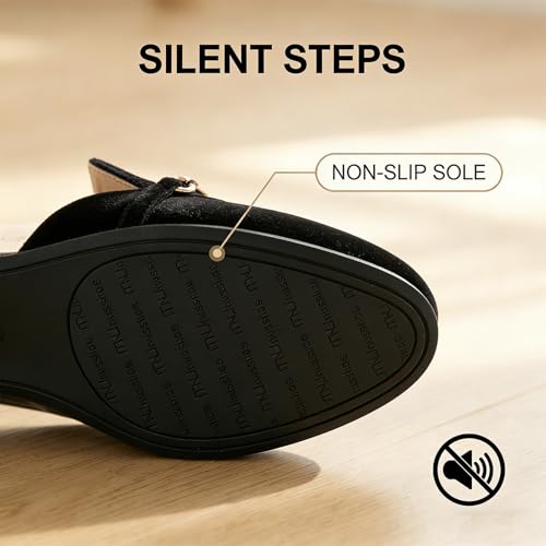 Image of MUSSHOE Gold Buckle Mules for Women - Comfortable Memory Foam Loafers, Classy Slip On Flats for Office Business Casual, Dressy Pointed Toe Shoes