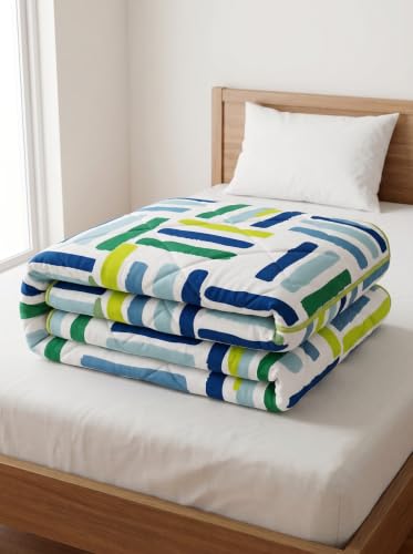 Image of Mafatlal 120 GSM Tulip Single AC Comforter Blanket | Premium Microfiber Reversible All Season Dohar Quilt | Ultra Soft Lightweight Warm Bedding Duvet | 154 x 228 cm | Blue Lime