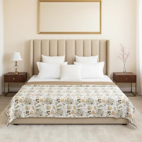 Image of HOMEMONDE 100% Cotton Reversible Dohar Double Bed Size | 300 TC AC Blanket Comforter | Soft Lightweight Bed Blanket Quilt (84 X 94 Inch, White & Dark Camel, Pack of 1)