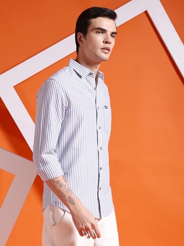 Image of The Indian Garage Co Men Slim Fit Striped Full Sleeves Cutaway Collar Casual Shirt