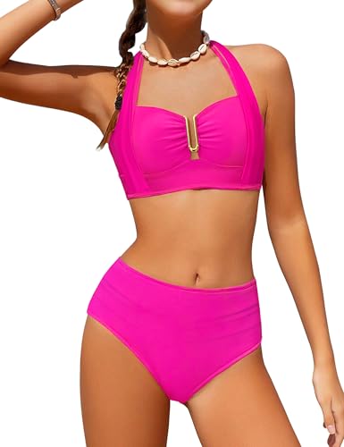 Girls Swimsuit 2 Piece Halter Bikini Set V-Neck Cutout Solid Bathing Suit Padded High Waisted Swimwear 9-16Y