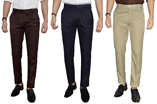 Image of KUNDAN Men's Poly-Viscose Blended Formal Trousers (Pack of 3 Trousers)