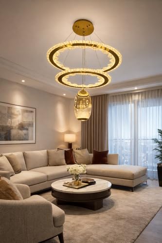 Image of Modern Stylish LED Ring Gold Finish with 3 Different Color Mode (Warm White, Cool White, Neutral White) Changing Chandelier with Height Adjustable Hanging for Bedroom, Living, Dining,