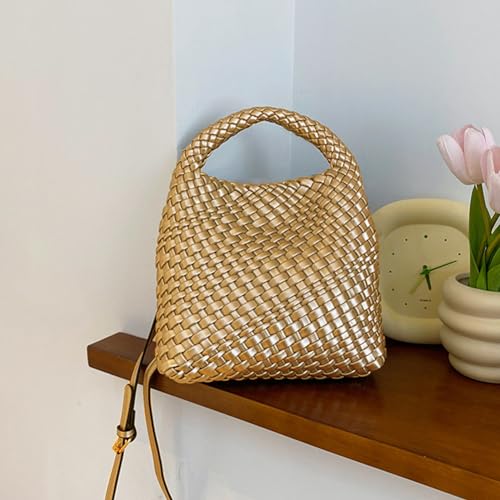 Image of Woven Leather Bags for Women Knoted Women Handbag Designer Shoulder Bucket Purse Handmade Fashion Tote Hobo Bag Small
