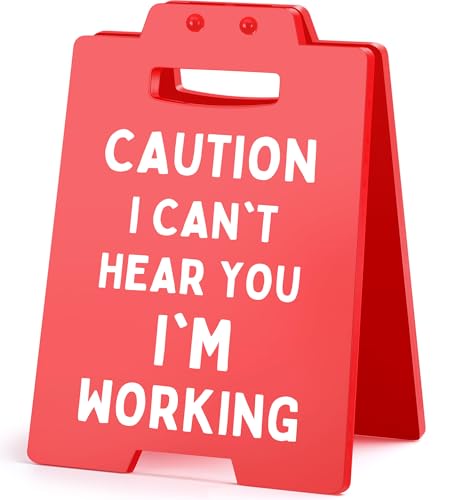 Funny Mini Caution I Can’t Hear You I’m Working Desk Sign – Red Office Desk Decor Gifts for Coworker Boss Freelancer Programmer Admin Assistant Christmas White Elephant Gag Gifts Cubicle Decor Sign