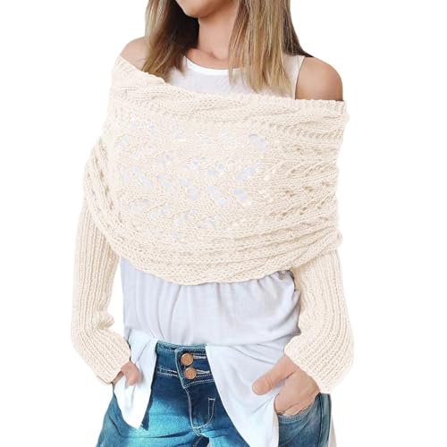 CCAIPU Damen Winterschal mit Ärmeln, Weiche Schals und Wraps mit Ärmeln, Gestrickte Kabel Wrap Hollow Verlängernde Doppel Ärmel Schal Schal (Weiß)