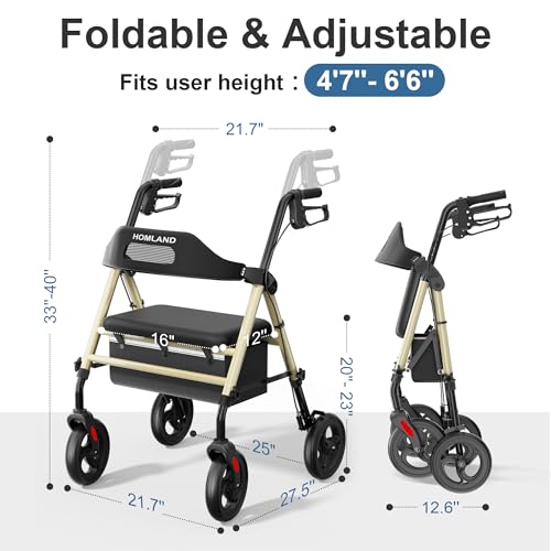 Image of HOMLAND Foldable Rollator Walker with Seat for Seniors, 16 inch Enlarged Seat | 8 inch Big Wheels, 16 inchx12 inchx1.9 inch Thick Padded Seat, Adjustable Seat & Handle Height, Tool-Free Assembly, All Terrain Mobility Aid