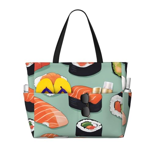 Large Capacity Beach Bag Waterproof Pool Tote for Gym Swimming Camping Carry On Bag Delicious sushi Print