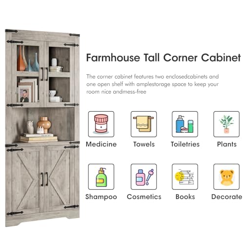 GarveeHome Tall Corner Cabinet, Farmhouse Corner Storage Cabinet with Glass Door & Adjustable Shelves, Space Saving Storage for Living Room, Kitchen, Bathroom, Washed Grey