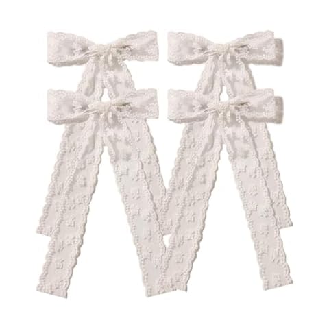 XFYUZR White Hair Lace Bow Clip for Girls Teens,Large Tulle Bows Hair Barrettes with Long Tails,Ribbon Bows Hair Accessories for Wedding(4pcs set) Cover