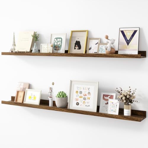 Acovy Picture Ledge Shelf, Wood Long Floating Shelves for Wall, Set of 2, 48 inch Picture Ledge Shelves, Photo Ledge Nursery Book Shelves Wall Mounted for Living Room Kids\' Room Bedroom, Color Walnut