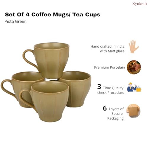 Image of Ceramic Tea Cup | Coffee Mug Set of 4 - Matte Finish Stoneware Tea Cups, Microwave & Dishwasher Safe, Elegant Daily Use Cups for Home & Office, Capacity - 200ml Each (Pista Green)