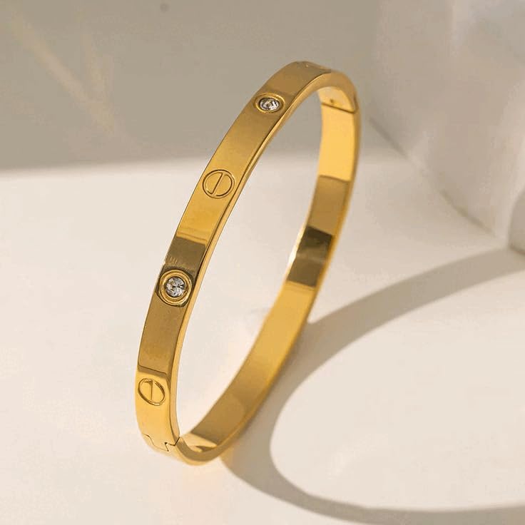 Image of Luxury Gold-Plated Bangle Bracelet with Crystal Accents, Minimalist Design, Screw Pattern Detail