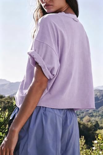 Image of HUGOOME Womens Oversized Workout Crop Top Casual Short Sleeve Boxy Roll Hem