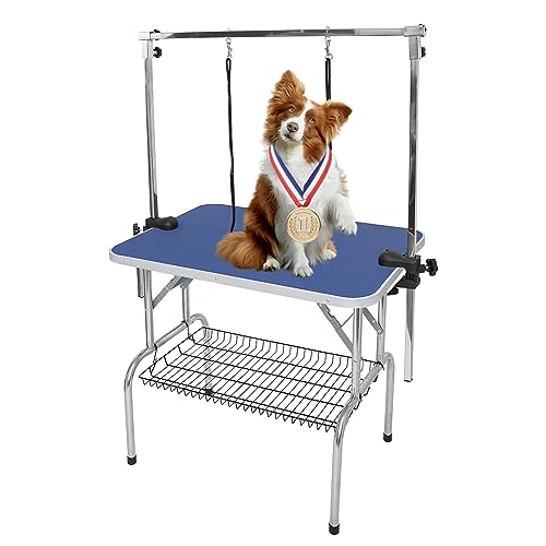 automoris 36inch Foldable Pet Grooming Table with Arm Noose & Mesh Tray, 36″x24″x30″ Stainless Steel Adjustable Dog Cat Bathing Table Textured Surface Pet Groom Table Stand,Capacity Up to 265 LBS-Blue