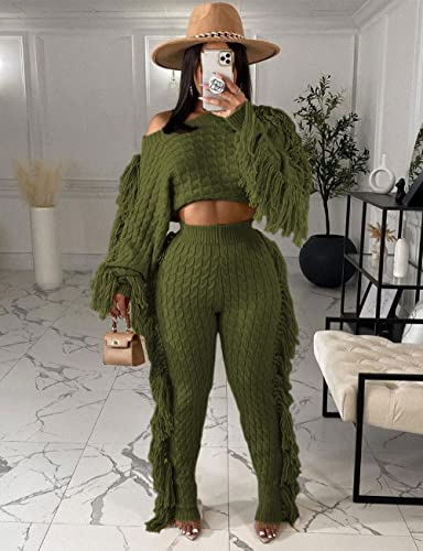 Image of KANSOON 2 Piece Sweater Set for Women Cable Knit Fringe Crop Top and Pants | Cozy feel, ribbed high waist, comfortable stretch fit for birthday and chilly going-out outfits