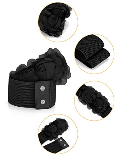 uxcell Chiffon Flowers Press Stud Button Elastic Textured Band Waist Belt for Ladies2