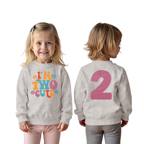 BOUTIKOME 2. Geburtstag Sweatshirt für Mädchen “I’m Two Cute” Drucker Pullover Zweiter Geburtstags Kinder Outfits Schwesterchen Rundhals Langarmshirt Herbst Winter Babykleidung(Blumengrau,2 Jahre)