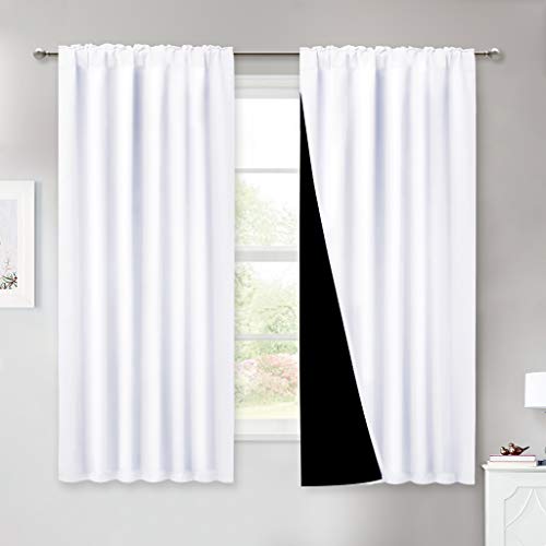 NICETOWN 100% Blackout Window Curtain Panels, Cold and Full Light Blocking Drapes with Black Liner, 54 Inches Drop Thermal Insulated Draperies for Kitchen (White, 2 Pieces, 52 inches Wide Each Panel)