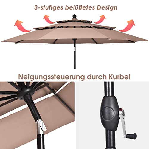 COSTWAY 3-stöckiger Sonnenschirm, 300 cm Gartenschirm mit doppelter Belüftung & Kurbel, Aluminium-Marktschirm neigbar, UV-Schutz, Sonnenschutz, Terrassenschirm für Terrasse, Garten – Bild 4