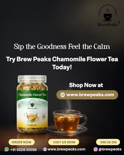 Image of BrewPeaks Organic Chamomile Flower Tea | 100% Natural Dried Flowers | Caffeine-Free Herbal Tea for Relaxation, Better Sleep, Calming Mind & Digestion Support | Anti-Inflammatory Loose Tea (25g)