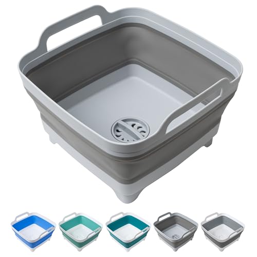 Tiawudi Dishpan for Washing Dishes 2.4Gal/9L Wash Basin with Draining Plug Carry Handles Collapsible Bucket for Cleaning Portable Sink Foldable Plastic Tub 1PC