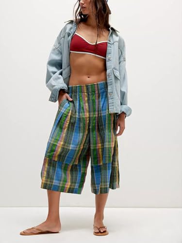 chouyatou Women's Retro Plaid Wide Leg Cropped Pants Y2k Baggy Culottes Capri Palazzo Pants with Pockets4