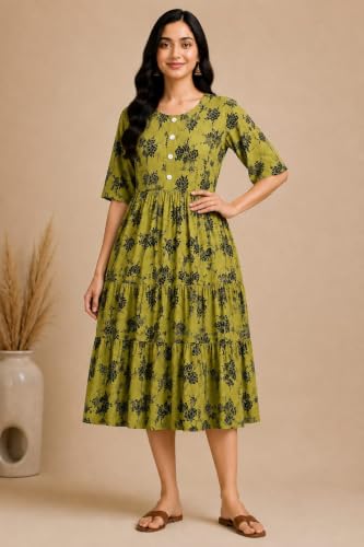 Image of Women's Rayon A-Line Midi Dress, Floral Print, Short Sleeves, Tiered Design, Round Neck, for Summer Wear