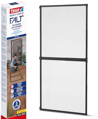 tesa Insect Stop FALT Mosquito Net - With Folding Aluminium Frame for Doors - With Adjustable Telescopic Frame - Anthracite - 80 cm x 170 cm to 100 cm x 220 cm