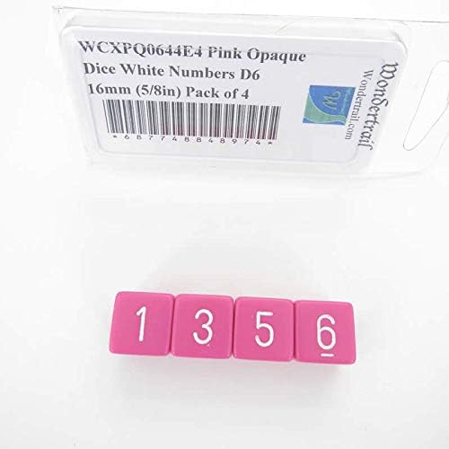 Pink Opaque Dice with White Numbers D6 Aprox 16mm (5/8in) Pack of 4 Wondertrail