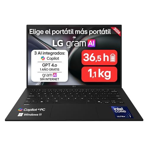 LG gram 14Z90U-G.AU85BN - Ordenador Portátil Ultraligero de 14' Intel Core Ultra 7 355, 32 GB RAM, 512 GB SSD, Intel Graphics (4Xe), IPS Antirreflejo, 1120g, 36.5 h, Windows 11, Teclado ES, Negro