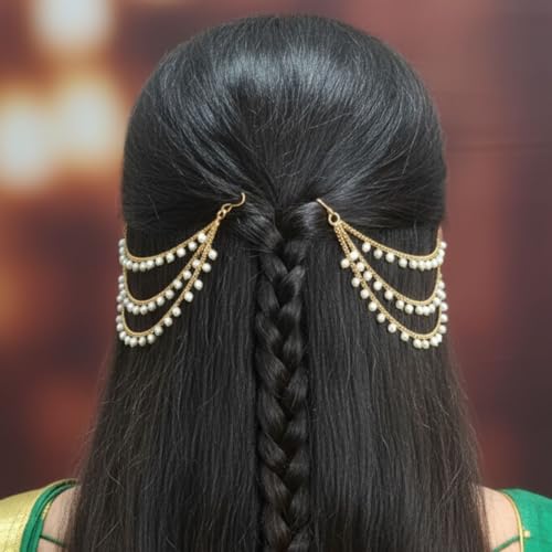 Image of Traditional Gold Plated Alloy Ear Chain Pair with Kundan & Pearl Dangling Design | 3 Layer Bridal Ear Chain for Women