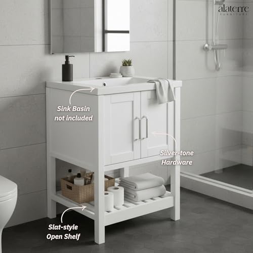 Image of Alaterre Furniture Bennet Bathroom Vanity Without Sink - 24 inch Small Freestanding Wood Vanity Cabinet with Soft-Close Shaker Doors, Single Sink Base (White)